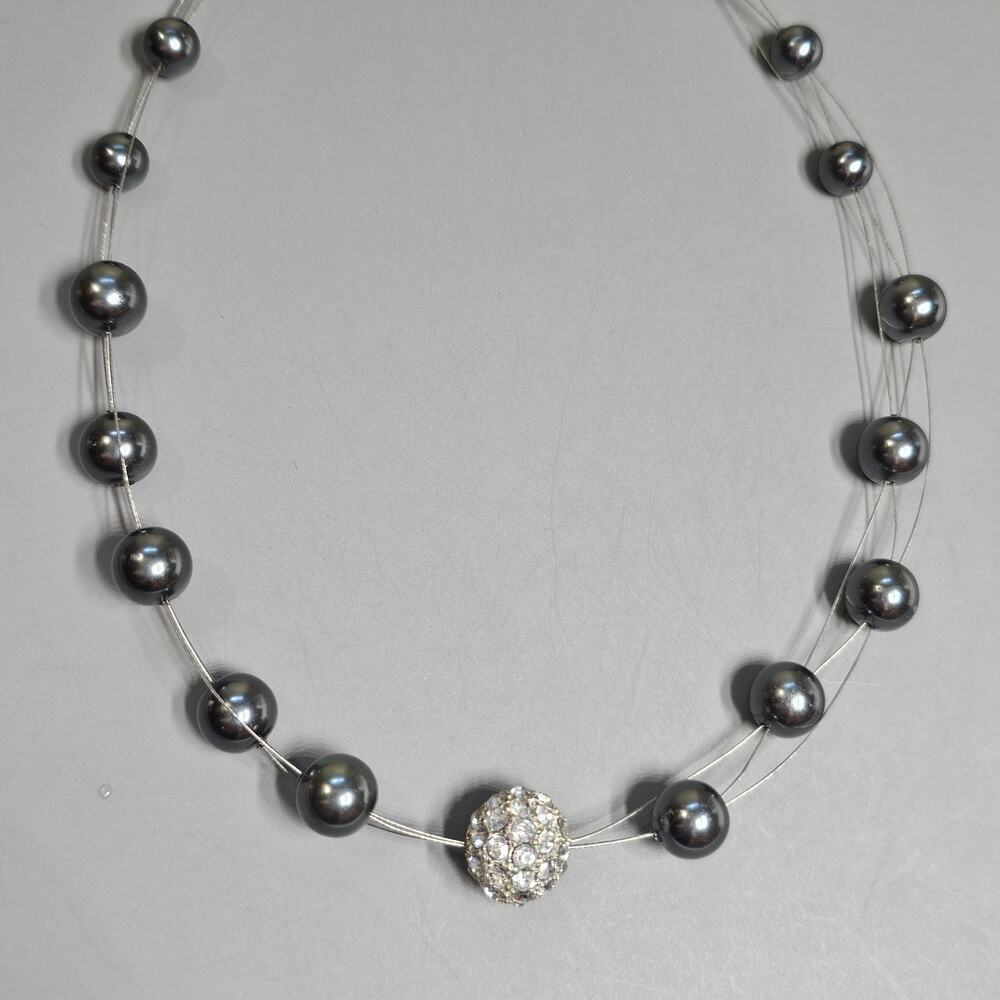 Gray Faux Pearl Necklace Pave Crystal Ball Silvertone Wire Chain 16.5"-19"